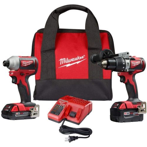  Milwaukee Milwakee 2893-22CX M18 18-Volt Lithium-Ion Brushless Cordless Hammer Drill/Impact 2 Tool Combo Kit with Bag (Non-Retail Packaging)