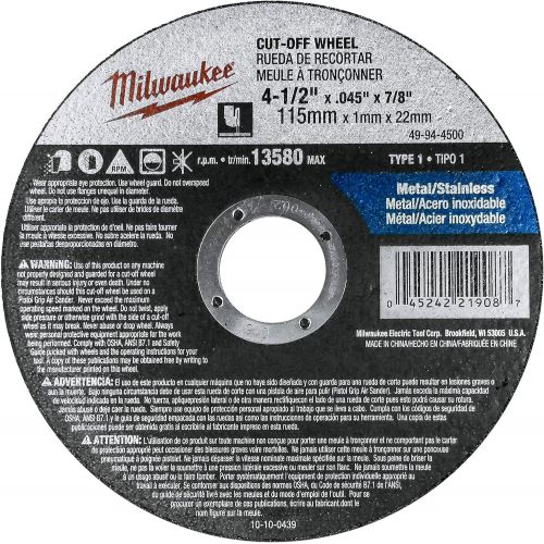  Milwaukee 4-1/2 in. Aluminum Oxide Cutting Cut-Off Wheel 0.045 in. thick x 7/8 in. (Pack of 5).