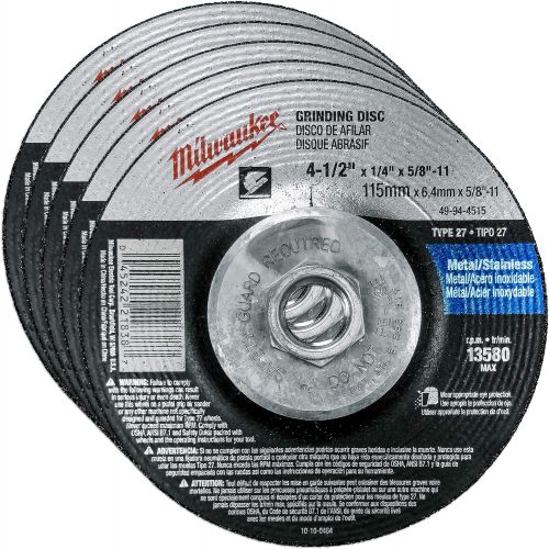  Milwaukee 5 Pack - 4 1 2 Hubbed Grinding Wheel for Grinders - Aggressive Grinding for Metal & Stainless Steel - 4-1/2 x 1/4 x 5/8-Inch 11 UNC Depressed