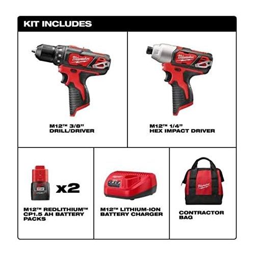  Milwaukee M12 12-Volt Lithium-Ion Cordless Drill Driver/Impact Driver Combo Kit (2-Tool) with Free M12 1.5Ah Battery (2-Pack)