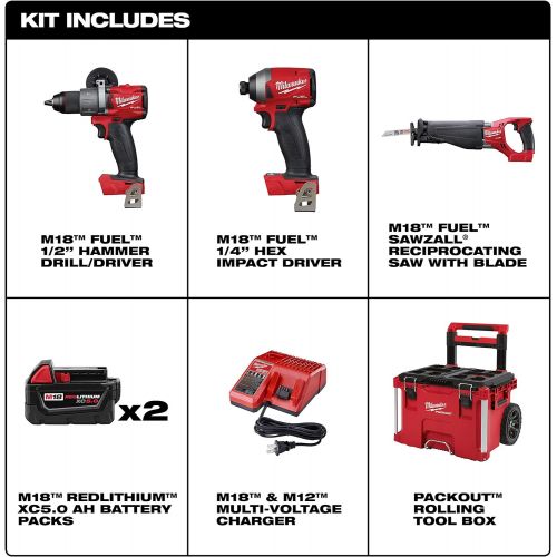  Milwaukee 2997-23SPO M18 FUEL 18-Volt Lithium-Ion Brushless Cordless Combo Kit (3-Tool) with Two 5.0 Ah Battery and PACKOUT Rolling Tool Box