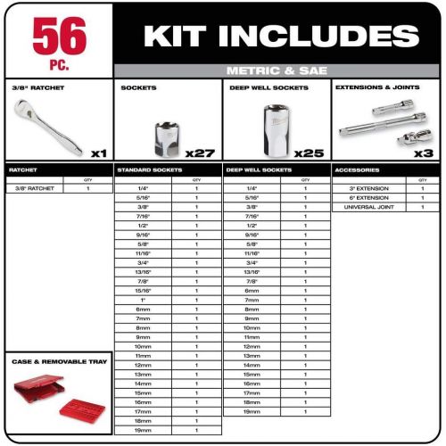  Milwaukee 3/8 in. Drive SAE/Metric Ratchet and Socket Mechanics Tool Set (56-Piece)