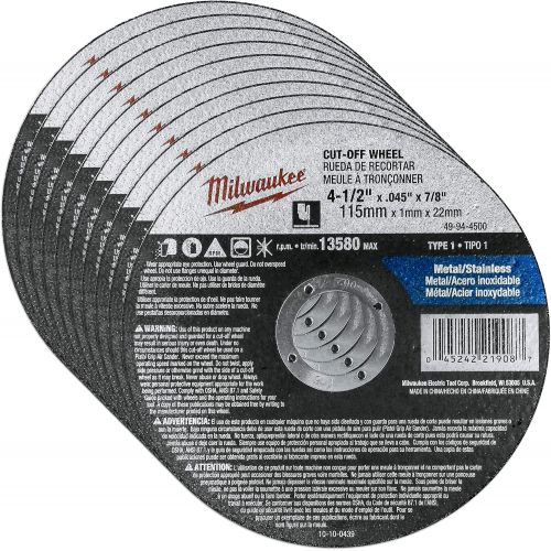  Milwaukee 10 Pack - 4 1 2 Cutting Wheels For Grinders - Aggressive Cutting For Metal & Stainless Steel - 4-1/2 x .045 x 7/8-Inch Flat Cut Off Wheels