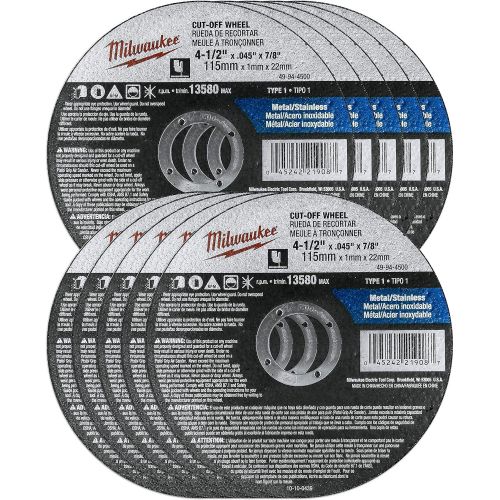  Milwaukee 10 Pack - 4 1 2 Cutting Wheels For Grinders - Aggressive Cutting For Metal & Stainless Steel - 4-1/2 x .045 x 7/8-Inch Flat Cut Off Wheels