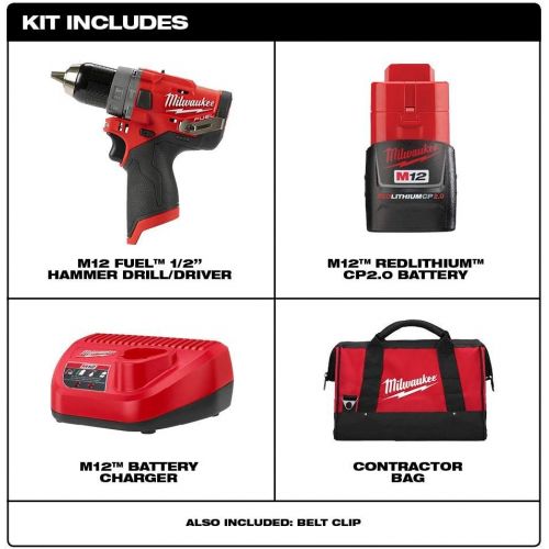  [아마존베스트]Milwaukee 2504-21 M12 FUEL 1/2 in. Hammer Drill Kit with 2.0 Ah Battery and Bag