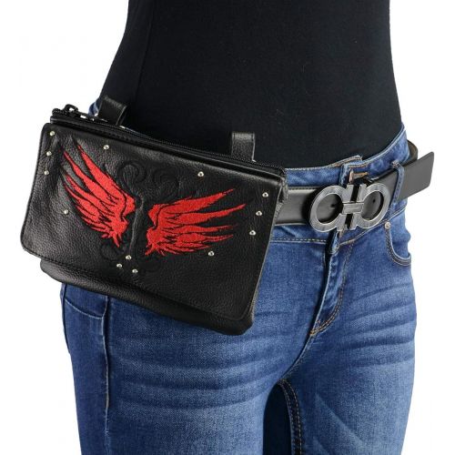  Milwaukee Leather MP8850 Ladies Winged Leather Black and Red Multi Pocket Belt Bag