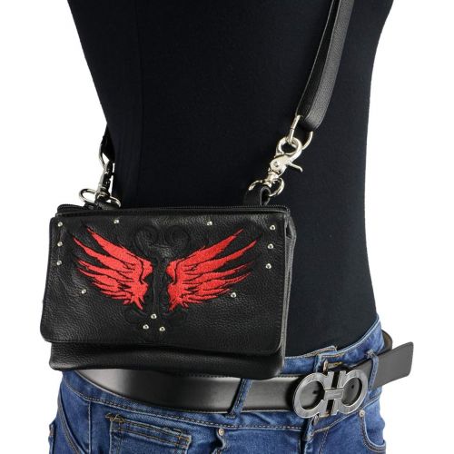  Milwaukee Leather MP8850 Ladies Winged Leather Black and Red Multi Pocket Belt Bag