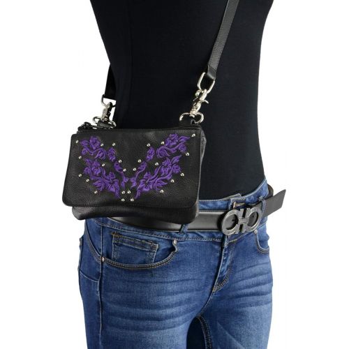  Milwaukee Leather MP8853 Womens Flower Black and Purple Leather Multi Pocket Belt Bag