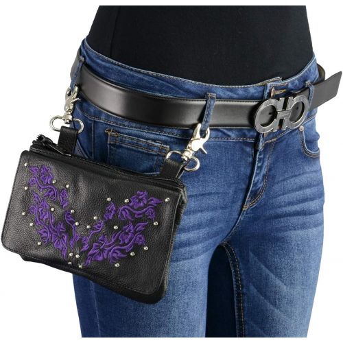  Milwaukee Leather MP8853 Womens Flower Black and Purple Leather Multi Pocket Belt Bag