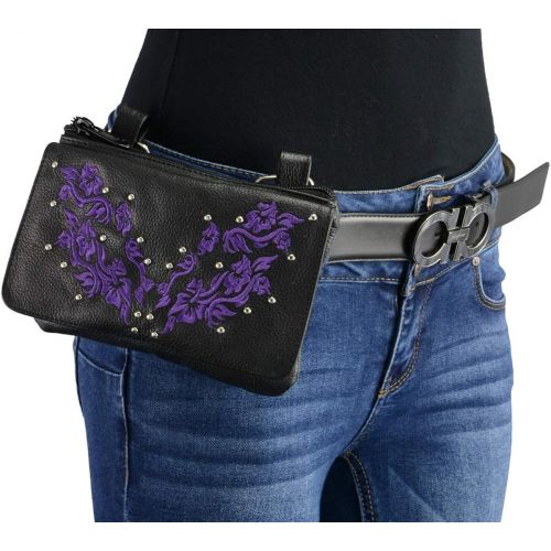  Milwaukee Leather MP8853 Womens Flower Black and Purple Leather Multi Pocket Belt Bag