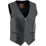 Milwaukee Leather SH1246Z Ladies Braided Black Leather Classic Zipper Front Vest