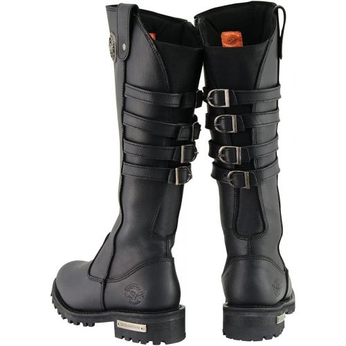  Milwaukee Leather MBL9345 Womens Black 15-inch High Rise Leather Riding Boots with Four Calf Buckles