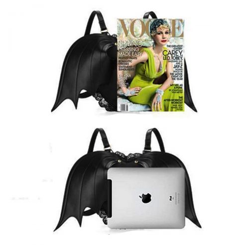  Mily Womens Black Bat Wings Backpack Lether Heart-shaped Bag