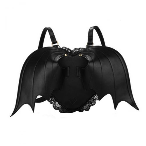  Mily Womens Black Bat Wings Backpack Lether Heart-shaped Bag