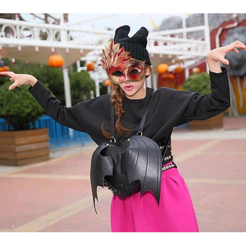  Mily Womens Black Bat Wings Backpack Lether Heart-shaped Bag