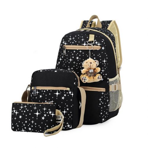  Mily 3 Pcs Galaxy Star Canvas Backpack Set School Book Bag Set Black