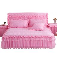 Mily Lotus Karen Princess Style Pink Bed Skirt Beautiful 3 Layer Lace Ruffle 18 Inches Quilted Bed Skirt for Girls Bed Including 2 Pillowcases