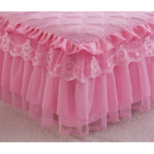  Mily Lotus Karen Princess Style Pink Bed Skirt Beautiful 3 Layer Lace Ruffle 18 Inches Quilted Bed Skirt for Girls Bed Including 2 Pillowcases