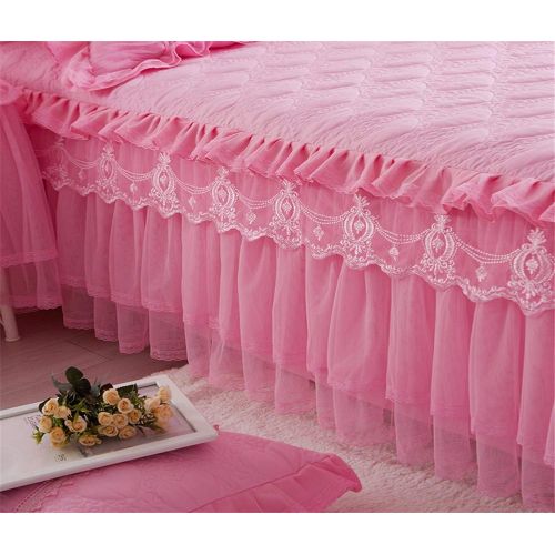  Mily Lotus Karen Princess Style Pink Bed Skirt Beautiful 3 Layer Lace Ruffle 18 Inches Quilted Bed Skirt for Girls Bed Including 2 Pillowcases