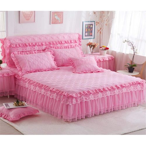  Mily Lotus Karen Princess Style Pink Bed Skirt Beautiful 3 Layer Lace Ruffle 18 Inches Quilted Bed Skirt for Girls Bed Including 2 Pillowcases