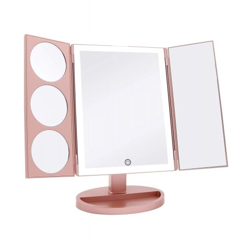  Milzie Makeup Vanity Mirror with 44 Natural White LED Lights, 3x/5x/10x Magnification Lighted Makeup Mirror, Extra Large Unique Tri-Fold Design with Touch Screen, Countertop Cosmet