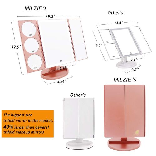  Milzie Makeup Vanity Mirror with 44 Natural White LED Lights, 3x/5x/10x Magnification Lighted Makeup Mirror, Extra Large Unique Tri-Fold Design with Touch Screen, Countertop Cosmet