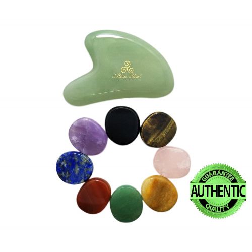  MinaHealTM Healing Crystals Chakra Stones Oval Shape Set of 8 and Green Jade Stone Gua Sha Facial Massager Bundle