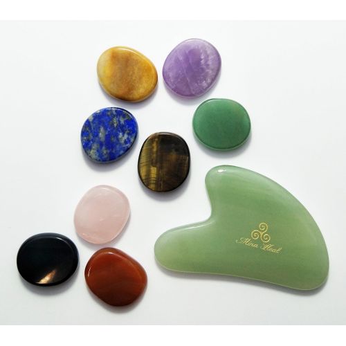  MinaHealTM Healing Crystals Chakra Stones Oval Shape Set of 8 and Green Jade Stone Gua Sha Facial Massager Bundle