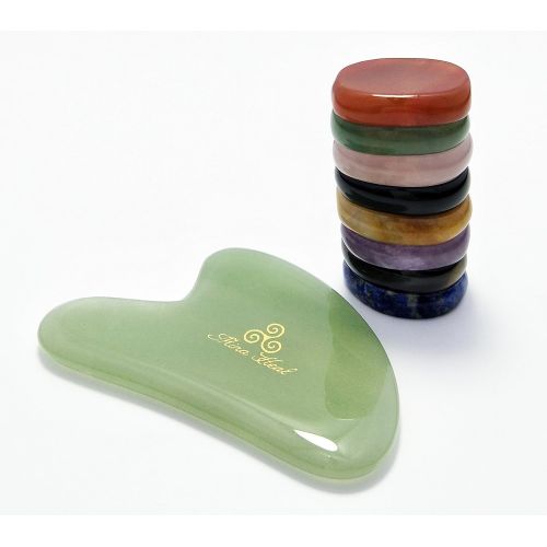  MinaHealTM Healing Crystals Chakra Stones Oval Shape Set of 8 and Green Jade Stone Gua Sha Facial Massager Bundle