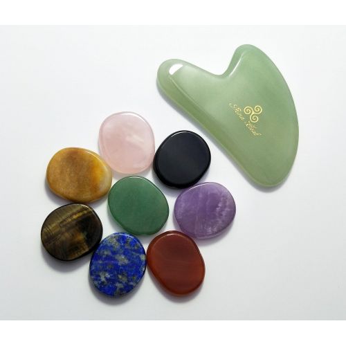  MinaHealTM Healing Crystals Chakra Stones Oval Shape Set of 8 and Green Jade Stone Gua Sha Facial Massager Bundle