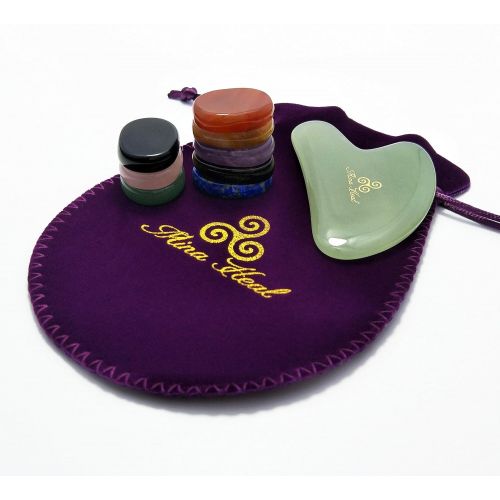  MinaHealTM Healing Crystals Chakra Stones Oval Shape Set of 8 and Green Jade Stone Gua Sha Facial Massager Bundle