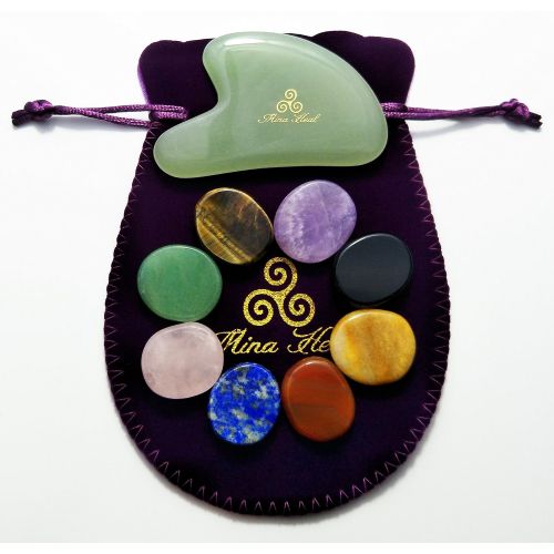  MinaHealTM Healing Crystals Chakra Stones Oval Shape Set of 8 and Green Jade Stone Gua Sha Facial Massager Bundle