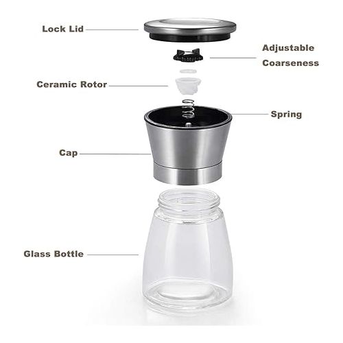  Manual Salt or Pepper Grinder for Professional Chef, Best Spice Mill with Stainless Steel Cap, Ceramic Blades and Adjustable Coarseness, Refillable Glass Body with 6OZ Capacity