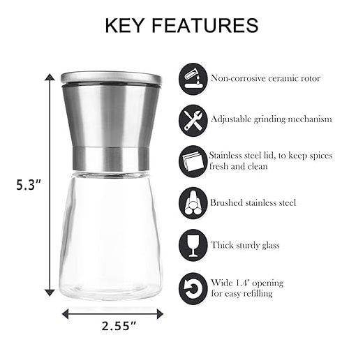  Manual Salt or Pepper Grinder for Professional Chef, Best Spice Mill with Stainless Steel Cap, Ceramic Blades and Adjustable Coarseness, Refillable Glass Body with 6OZ Capacity