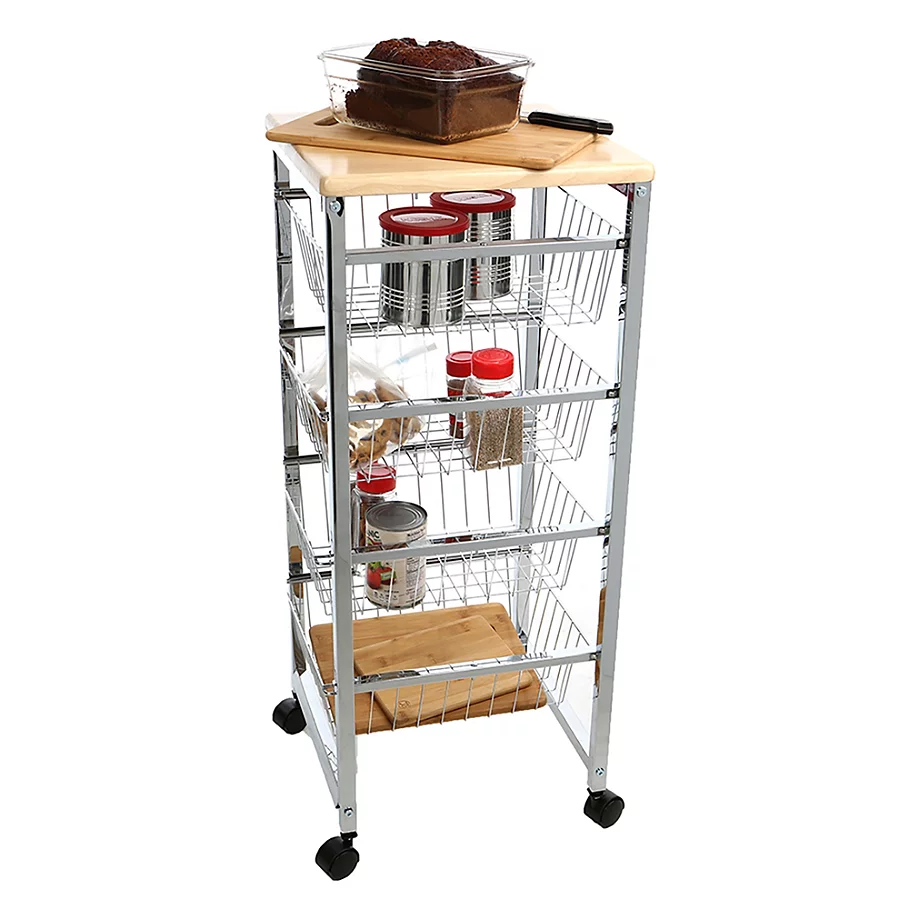  Mind Reader Wire Basket Kitchen Cart with Wood Surface in Silver