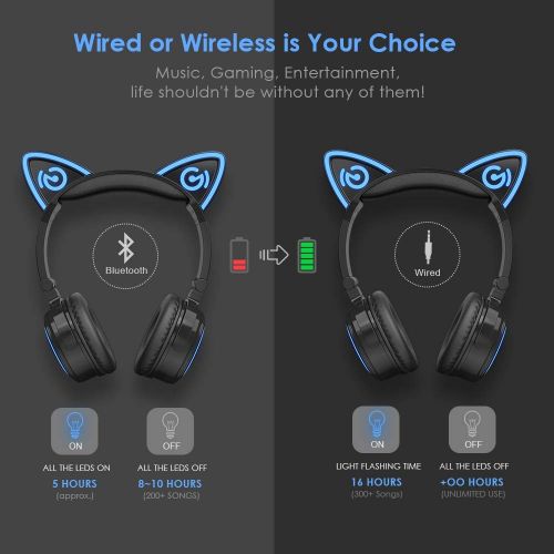  Mindkoo MindKoo Wireless Headphones Over Ear - Cat Ear Bluetooth Headset with LED Growing Lights, Foldable Headset with Microphone and Volume Control for Cell PhonesiPadTV, Black