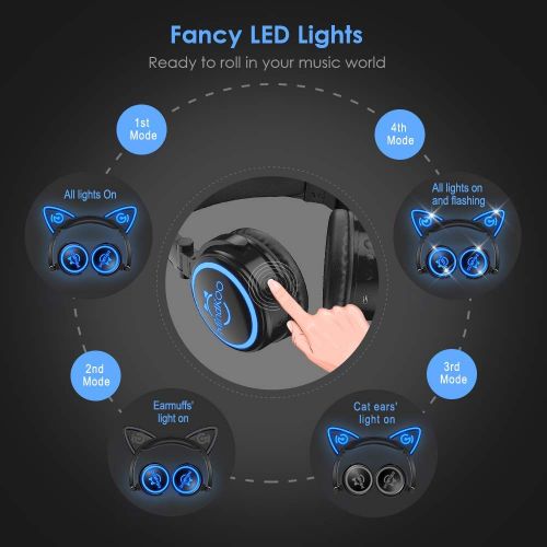  Mindkoo MindKoo Wireless Headphones Over Ear - Cat Ear Bluetooth Headset with LED Growing Lights, Foldable Headset with Microphone and Volume Control for Cell PhonesiPadTV, Black