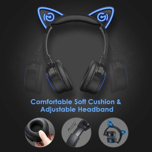  Mindkoo MindKoo Wireless Headphones Over Ear - Cat Ear Bluetooth Headset with LED Growing Lights, Foldable Headset with Microphone and Volume Control for Cell PhonesiPadTV, Black