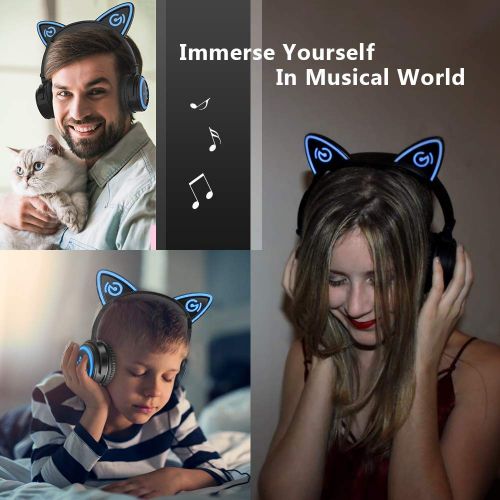  Mindkoo MindKoo Wireless Headphones Over Ear - Cat Ear Bluetooth Headset with LED Growing Lights, Foldable Headset with Microphone and Volume Control for Cell PhonesiPadTV, Black
