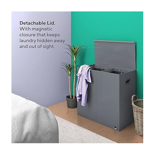  Double Laundry Hamper with Lid and Removable laundry Bags, Dirty Clothes Hamper - Collapsible Laundry Bin with 2 Compartment for Laundry Room, Bedroom, Bathroom, College Dorm, Oxford Collection, Grey