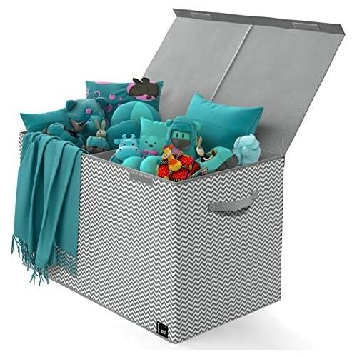  [아마존베스트]Mindspace Toy Chest - 2 Bin Collapsible Storage Organizer with Lid for Kids Playroom | Box Stores Stuffed Animals, Linen, Groceries and More | The Oxford Collection, Gray Zag