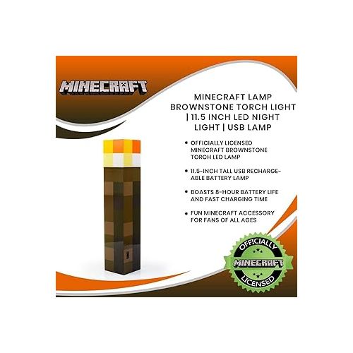  Minecraft Brownstone Torch Lamp | 11.5 Inch LED Night Light | USB Charging Port (USB cable not included)