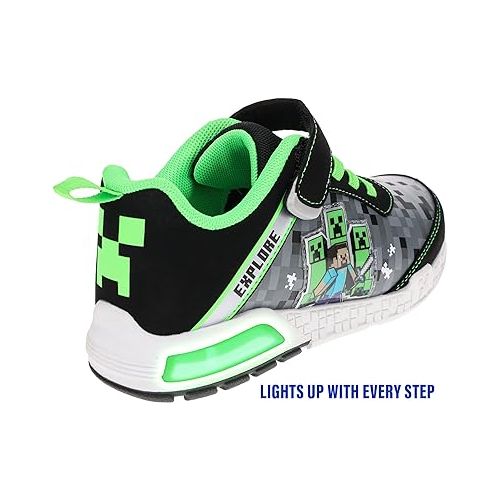  Minecraft Shoes for Boys, Light-Up Sneakers with Adjustable Strap, Green/Black, Size