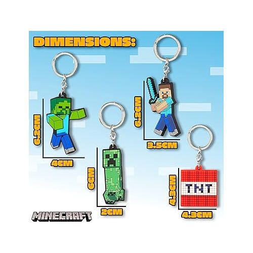  Minecraft Kids Keyrings and Silicone Wristband Set - Creeper Key Chain Set of 4, Collectables Gaming Gifts