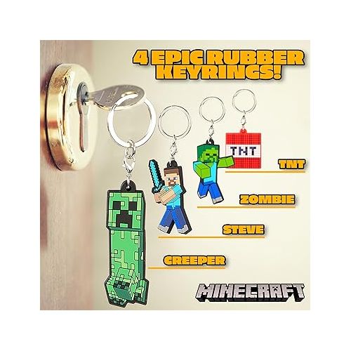  Minecraft Kids Keyrings and Silicone Wristband Set - Creeper Key Chain Set of 4, Collectables Gaming Gifts