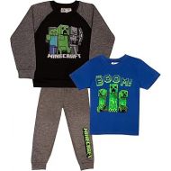 Minecraft Boys 3 Piece Fleece Pants Sets, Crew Neck Sweatshirt, T-Shirt, and Pants 3-Pack Bundle Set for Boys