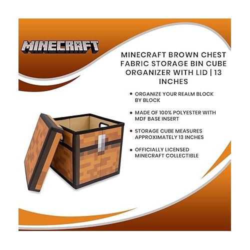  Minecraft Brown Chest 13-Inch Storage Bin Chest With Lid | Foldable Fabric Basket Container, Cube Organizer With Handles, Cubby For Shelves, Closet | Home Decor Essentials, Video Game Gifts