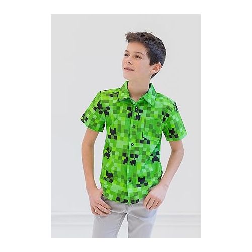  Minecraft Creeper Short Sleeve Button Down Dress Shirt