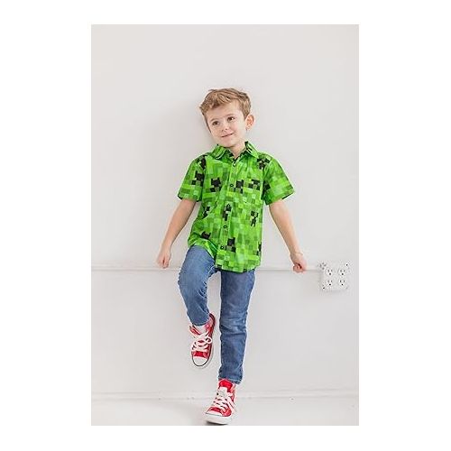  Minecraft Creeper Short Sleeve Button Down Dress Shirt