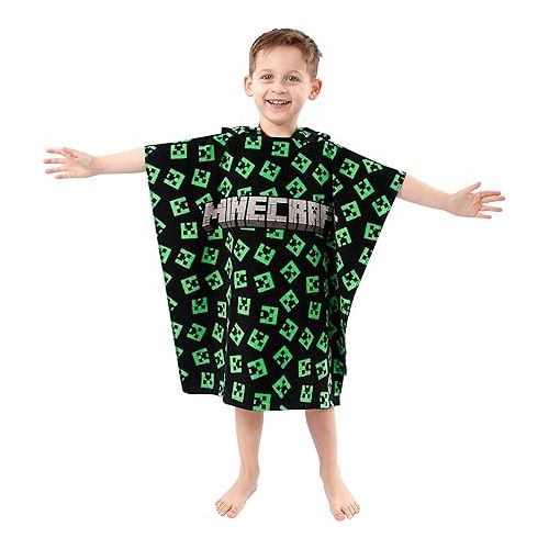  Minecraft Hooded Towel | Creeper Beach Towel for Boys | Gaming Towel Poncho | Gamer Wearable Towel | One Size Black